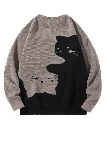 Cartoon Cat Round Neck Long Sleeve Sweater Preppy Style