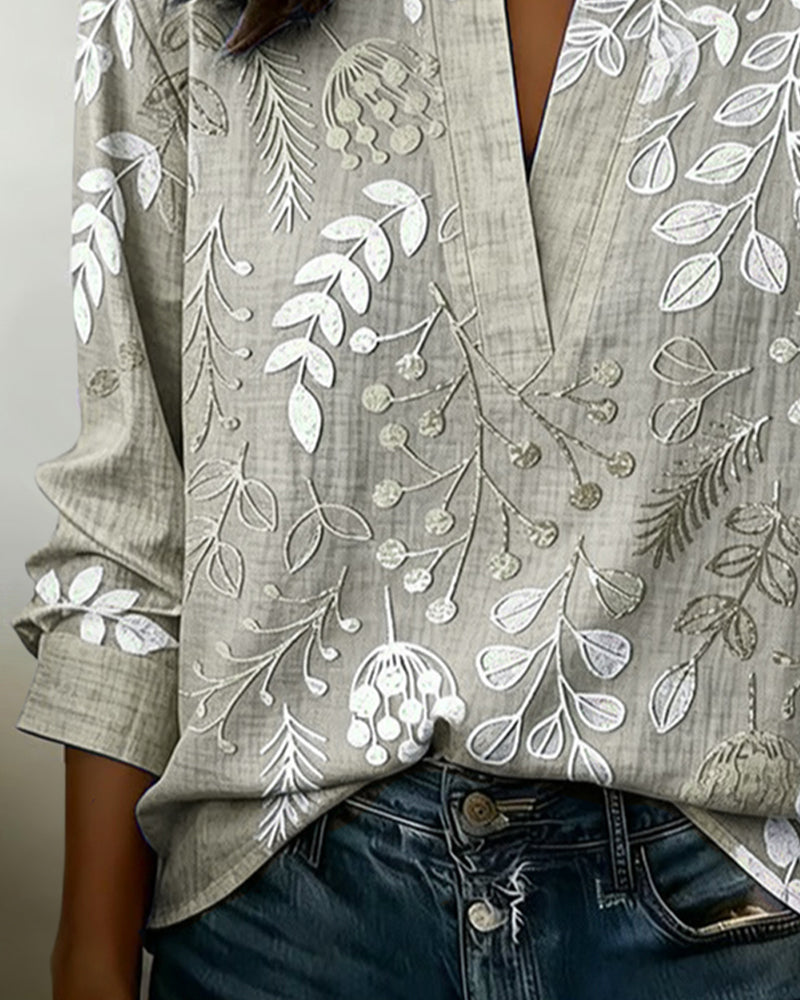 Vintage Botanical Leaf Print Notch Collar Long Sleeve Blouse