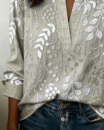 Vintage Botanical Leaf Print Notch Collar Long Sleeve Blouse
