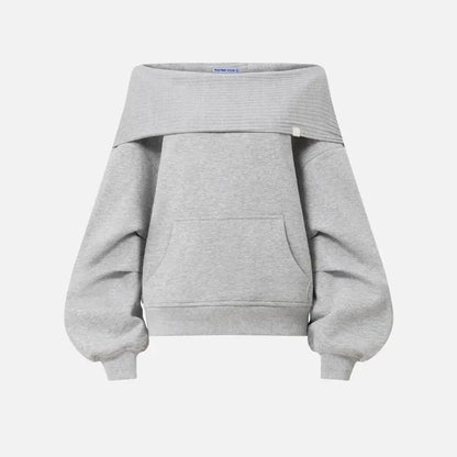 Dual Style Knit Hoodie, Convertible Off Shoulder / Hooded Balloon Sleeve Top