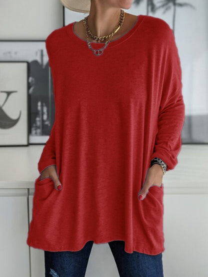 HOT SALE-Round Neck Long Sleeve Loose Pocket Solid T-Shirt