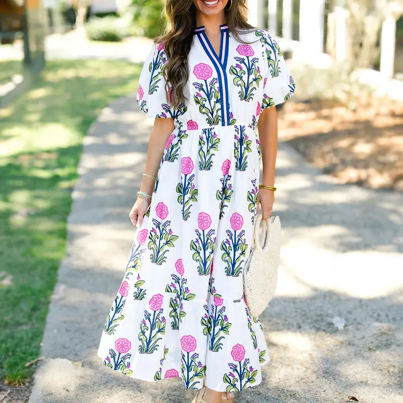 Womens Dresses Floral Puff Short Sleeve V Neck High Waist Maxi Dress with Pockets
