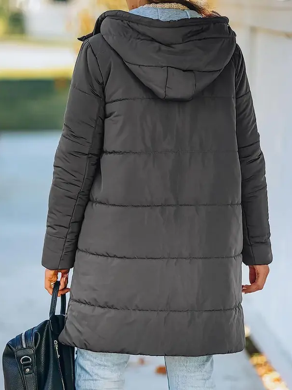 Women Hooded Drawstring Mid Puffer Coat