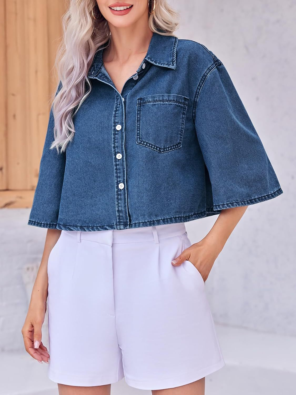Women's Cropped Oversized Short Sleeve Denim Shirt