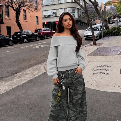 Dual Style Knit Hoodie, Convertible Off Shoulder / Hooded Balloon Sleeve Top