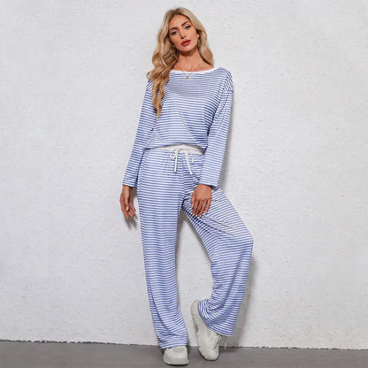Women's Striped 2 Piece Lounge Set, Crew Neck Long Sleeve Top & Drawstring Wide Leg Pants