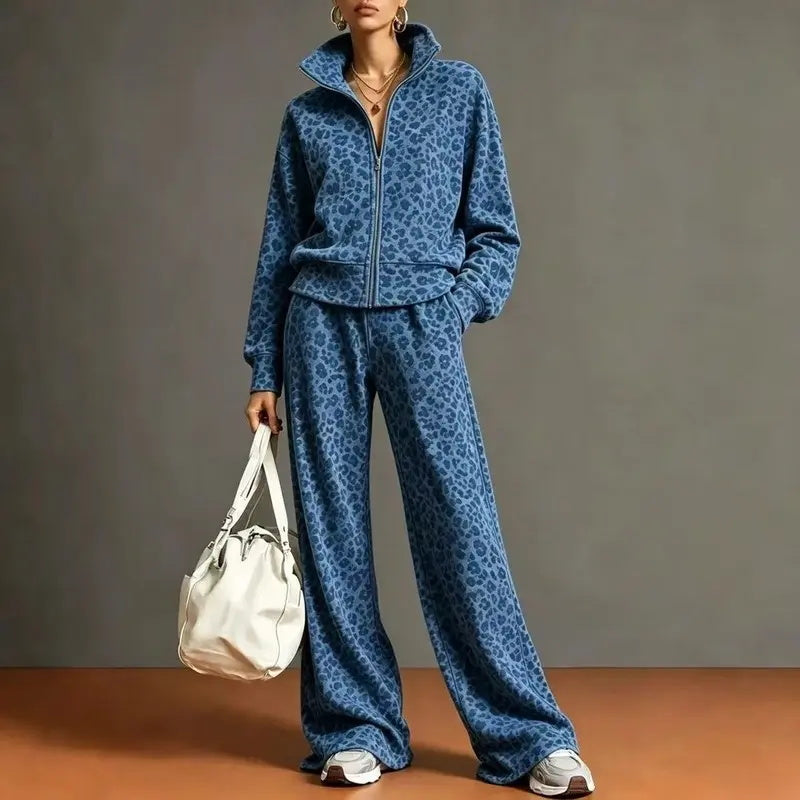 Leopard Print Zip Up Sweatshirt & Wide Leg Pants 2 Piece Tracksuit Set