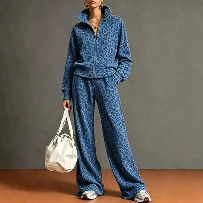 Leopard Print Zip Up Sweatshirt & Wide Leg Pants 2 Piece Tracksuit Set