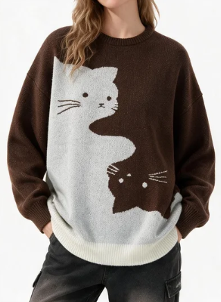 Cartoon Cat Round Neck Long Sleeve Sweater Preppy Style