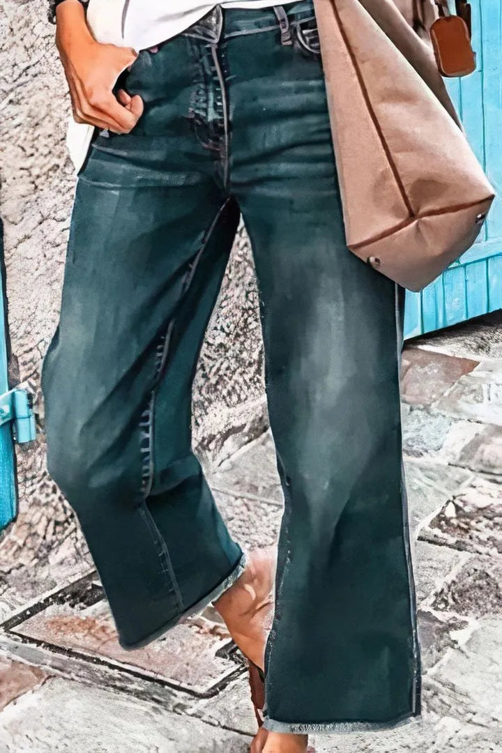 Midiross Washed Raw Hem Mid Waist Straight Leg Jeans(buy 2 free shipping)