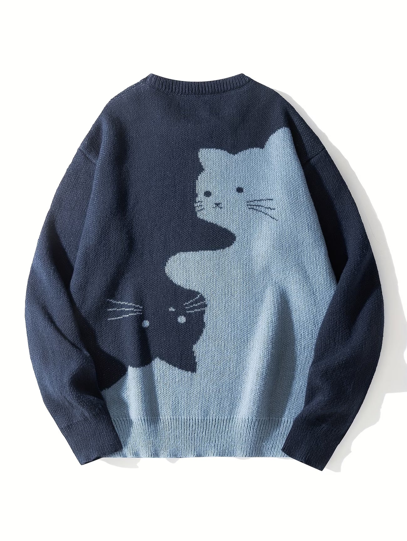 Cartoon Cat Round Neck Long Sleeve Sweater Preppy Style