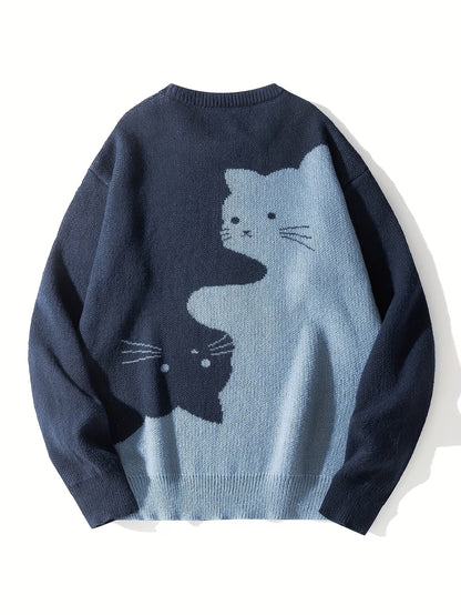 Cartoon Cat Round Neck Long Sleeve Sweater Preppy Style
