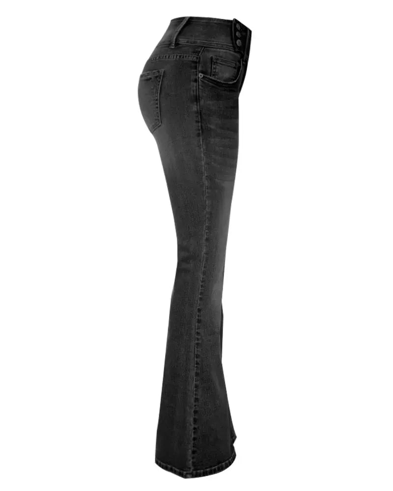 VINTAGE BUTTON SIDE DESIGN MID WAIST STRETCH FLARE JEANS(Buy 2 Free Shipping)