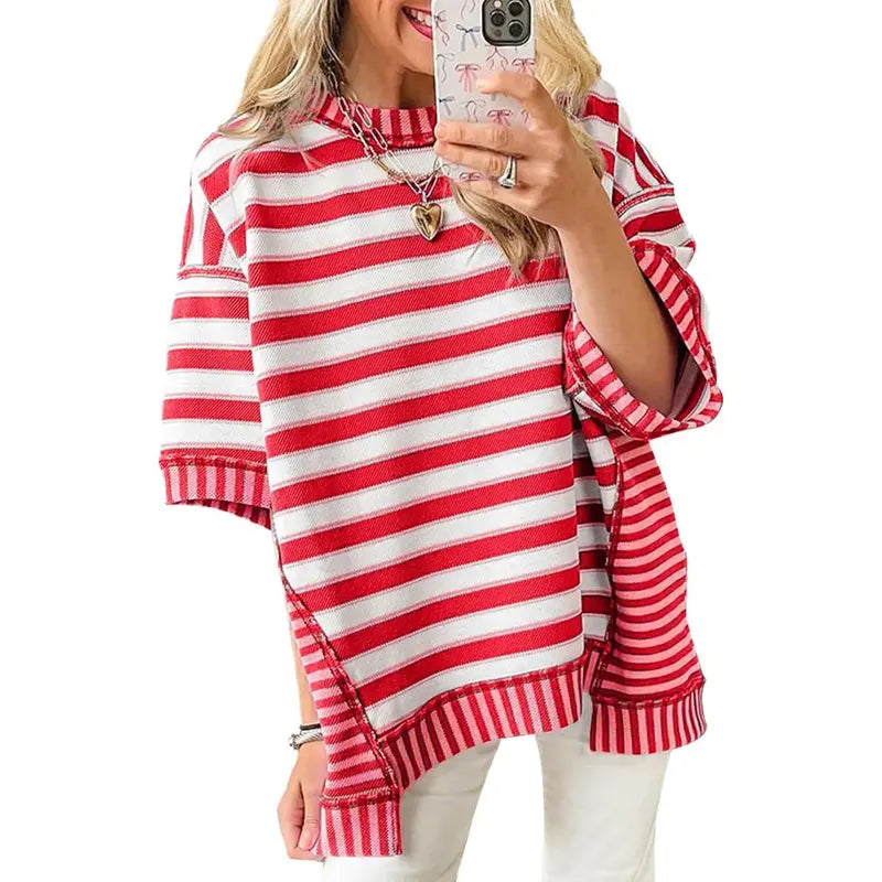 Women's loose striped shirt, summer short-sleeved top, crew neck sweatshirt, casual shirt（BUY 2 FREE SHIPPING)