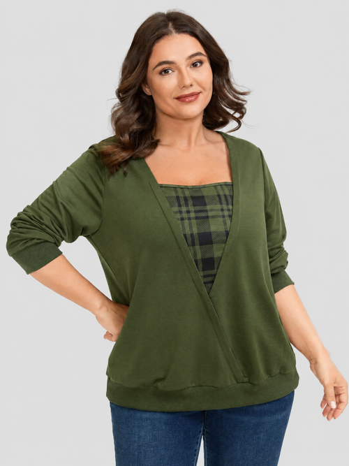 Plaid Spliced Fake Two Piece Square Neck Long Sleeve Top