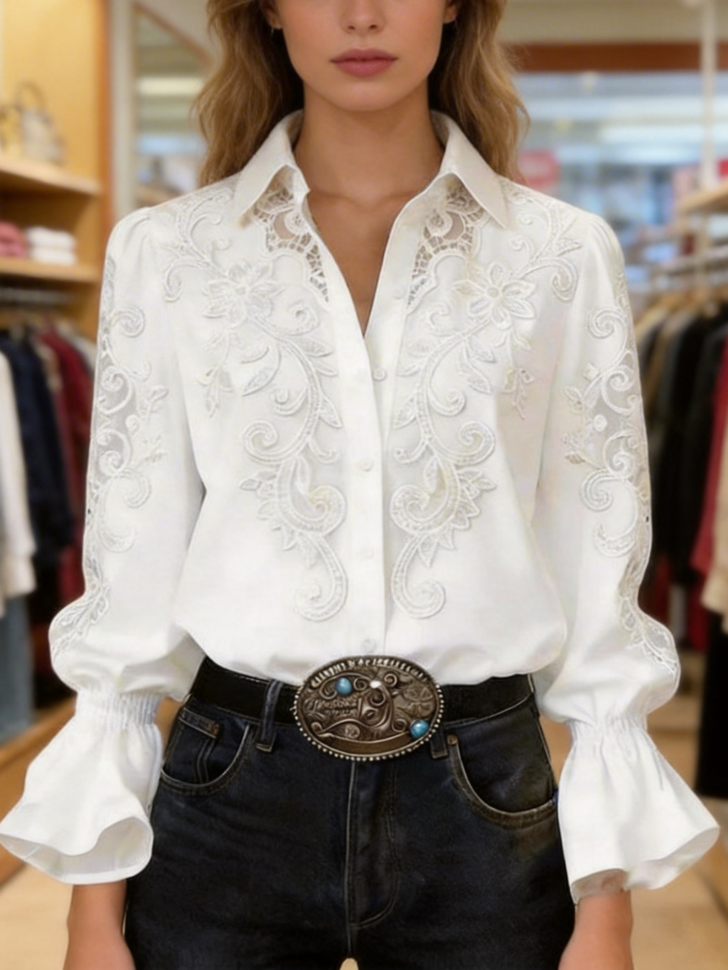 Vintage Flower Embroidered Flared Cuffs Blouse