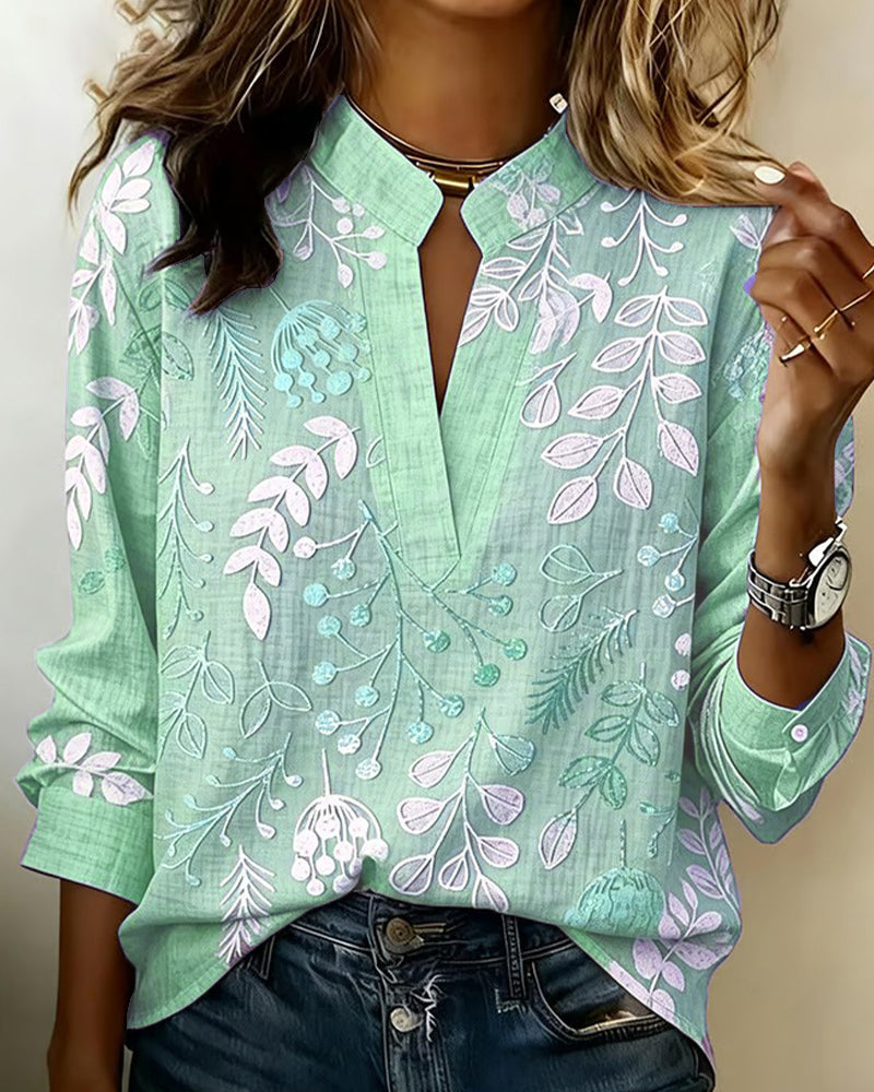 Vintage Botanical Leaf Print Notch Collar Long Sleeve Blouse