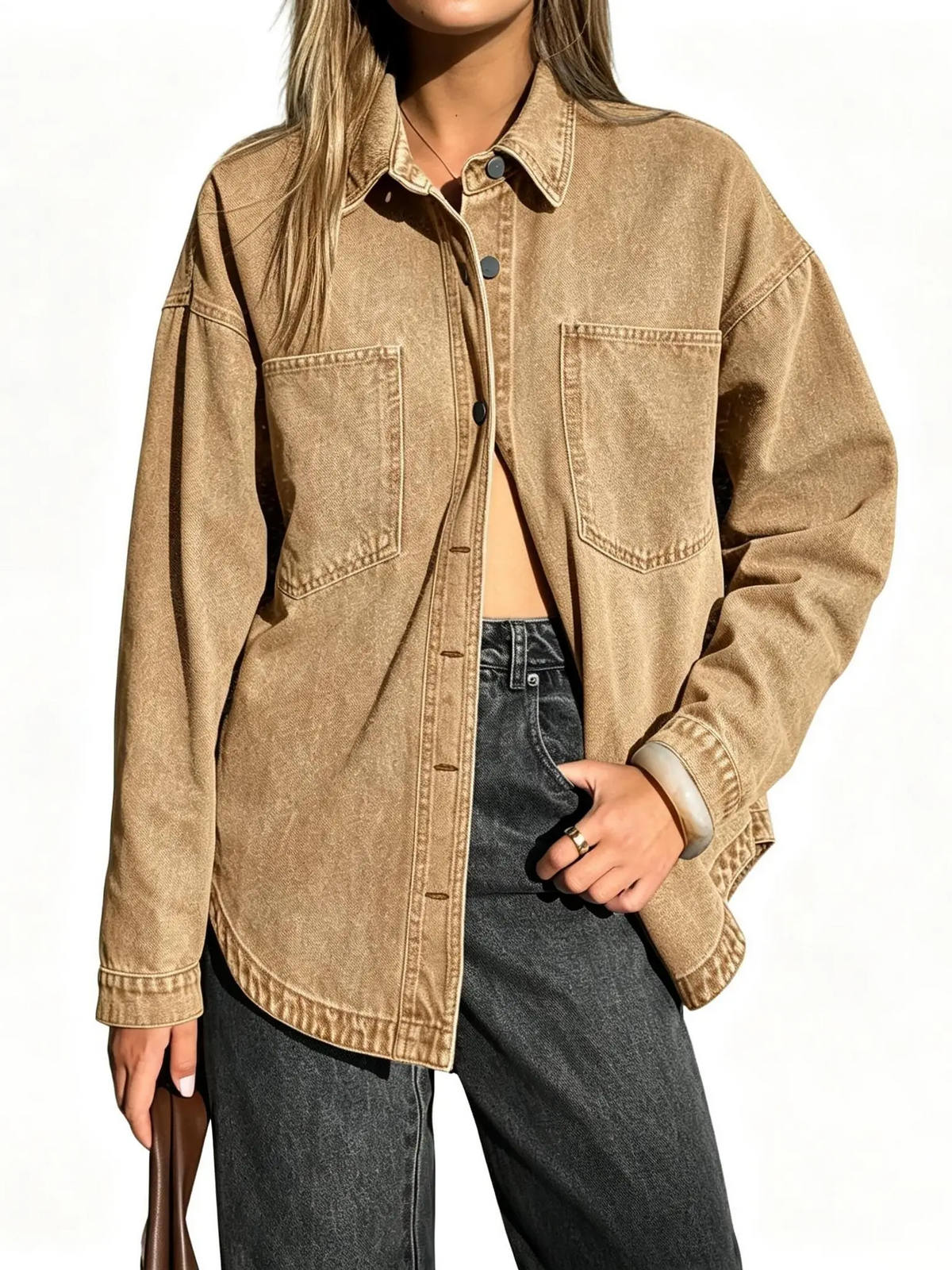 Women’s Relaxed Denim Shirt Jacket With Pockets & Curved Hem
