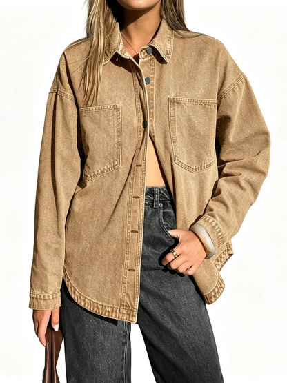 Women’s Relaxed Denim Shirt Jacket With Pockets & Curved Hem