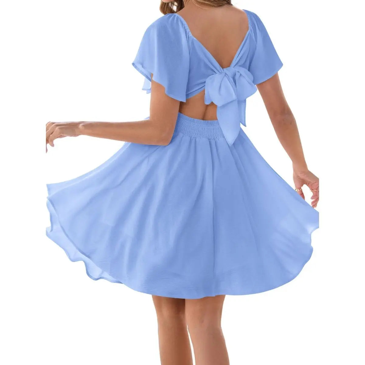 Women's Summer V-neck Tie-up Ruffle Sleeve Mini Chiffon Dress