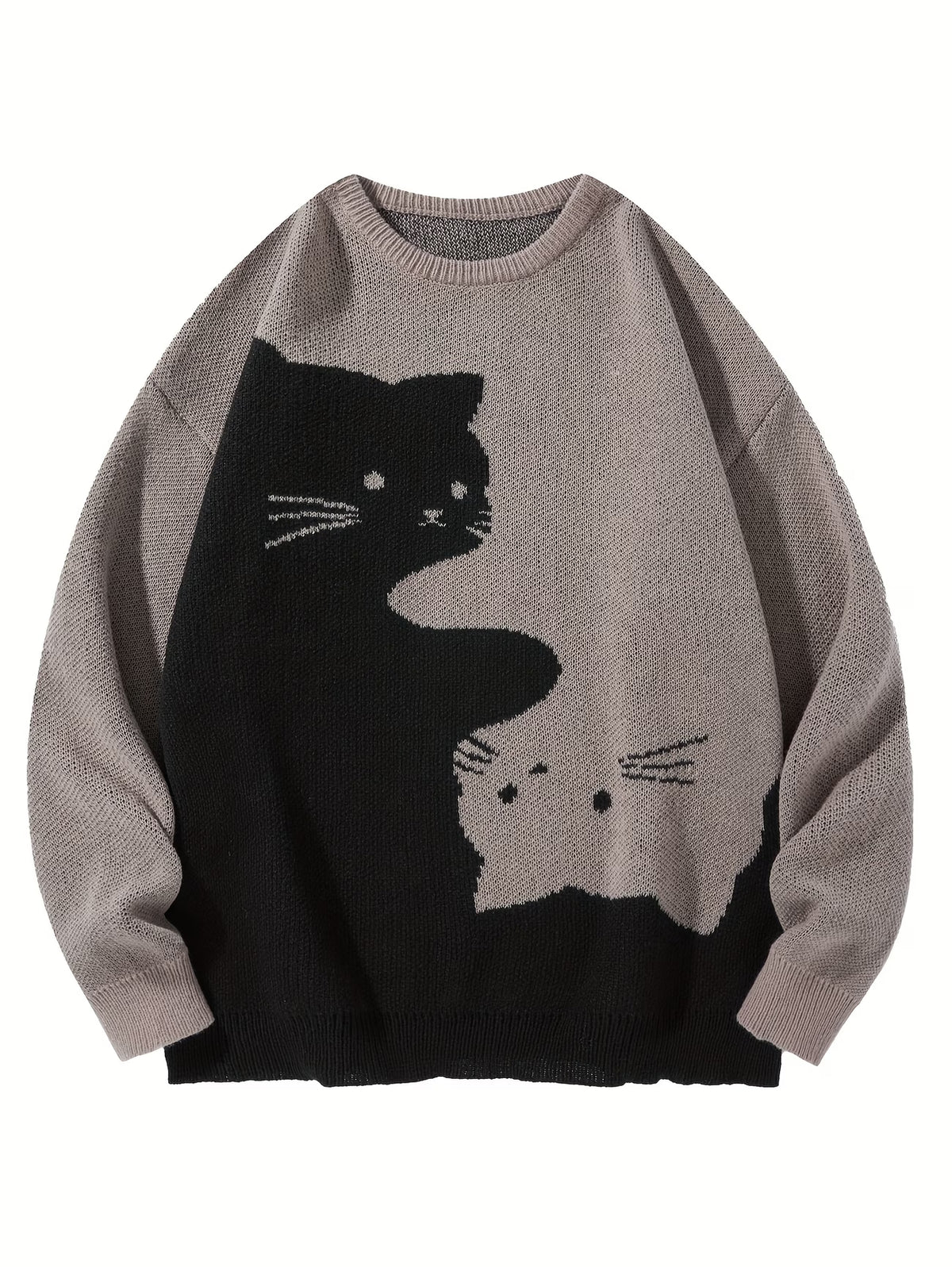 Cartoon Cat Round Neck Long Sleeve Sweater Preppy Style