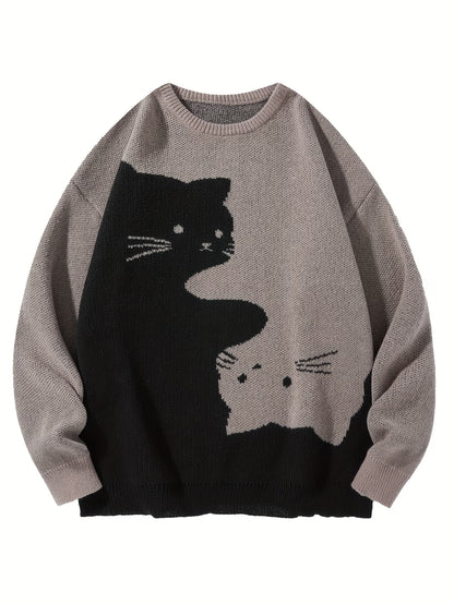 Cartoon Cat Round Neck Long Sleeve Sweater Preppy Style