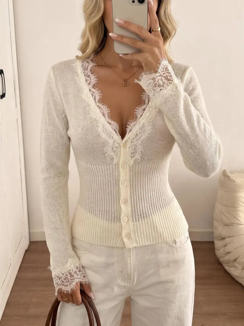 Women's Autumn Lace Trim V-Neck Knit Cardigan🔥