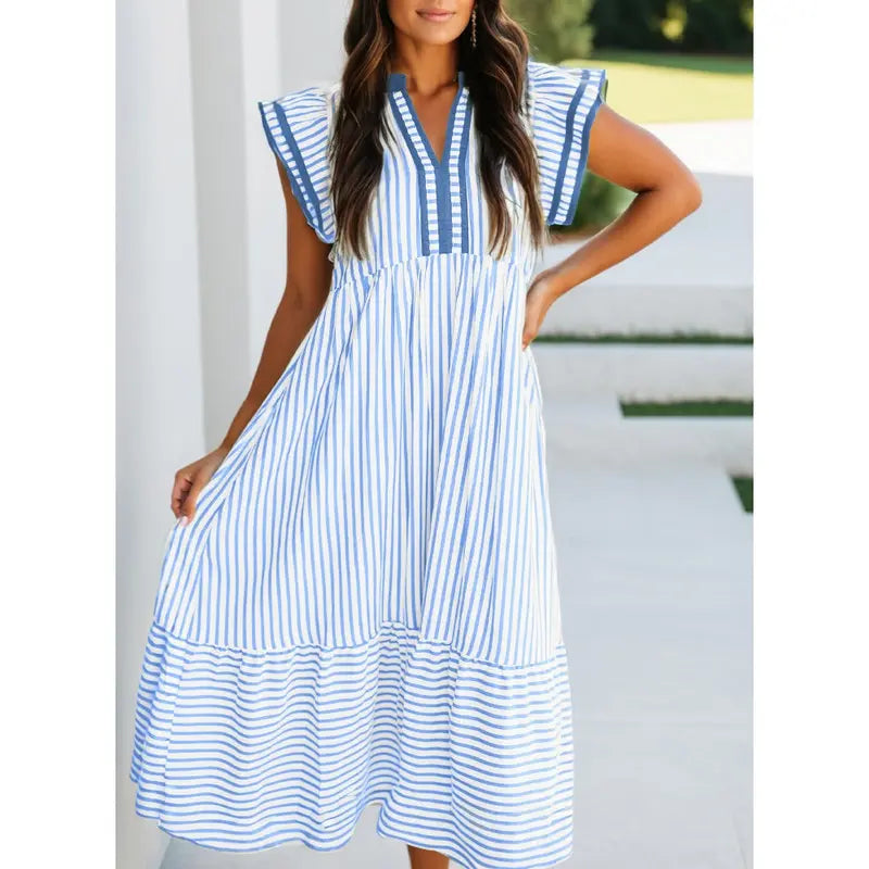 🔥🔥Womens Dresses V-Neck Ruffle Cap Sleeve Empire Waist Flowy Striped Beach Midi Maxi Dress(buy 2 free shipping)