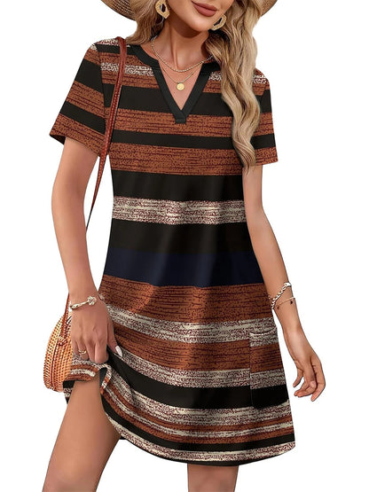 HOT SALE Women's Casual Printed V Neck Short Sleeve Pocket Midi Dress