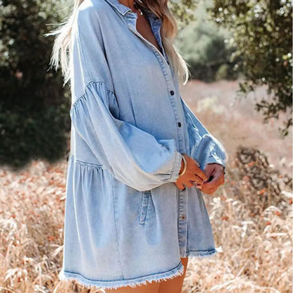 Women's Oversized Distressed Denim Button-Down Shirt Tunic Dress（buy 2 free shipping）