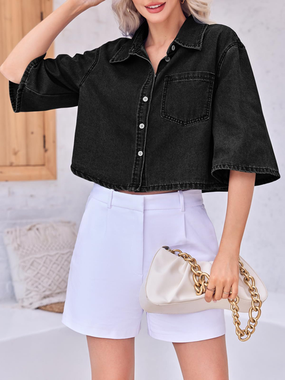 Women's Cropped Oversized Short Sleeve Denim Shirt