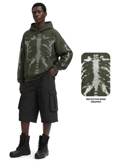 Skull Print Waffle Long Sleeve Top, Y2K Vintage Loose Streetwear Pullover