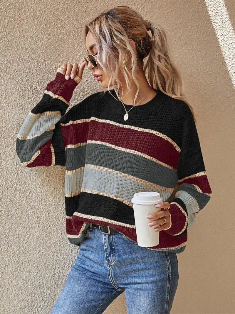 Color Block Striped Knit Sweater, Drop Shoulder Loose Long Sleeve Jumper for Fall Winter