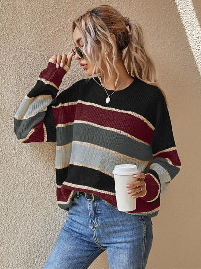 Color Block Striped Knit Sweater, Drop Shoulder Loose Long Sleeve Jumper for Fall Winter