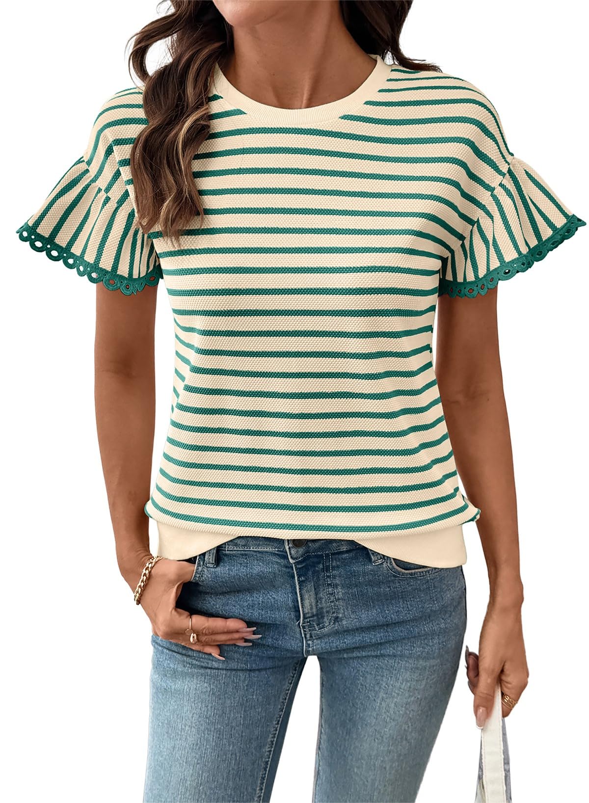HOT SALE Women's Knit Striped Color Block Ruffled Short Sleeve Top（buy 2 free shipping）