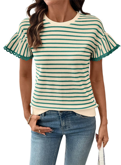 HOT SALE Women's Knit Striped Color Block Ruffled Short Sleeve Top（buy 2 free shipping）