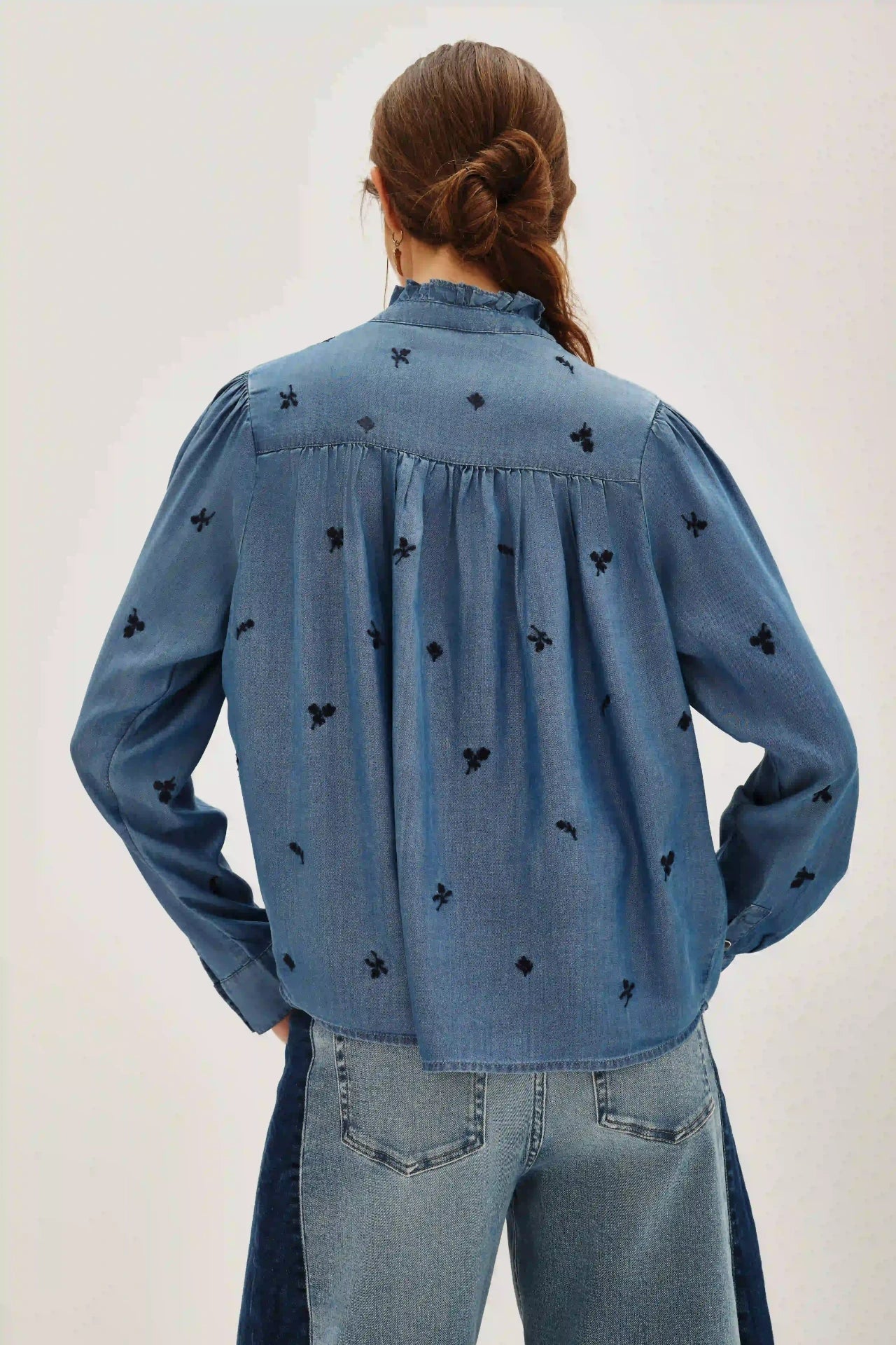 Women's straight-cut long-sleeved round neck ruffled Tencel denim shirt（buy 2 free shipping)