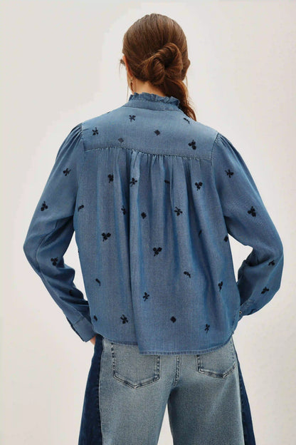 Women's straight-cut long-sleeved round neck ruffled Tencel denim shirt（buy 2 free shipping)