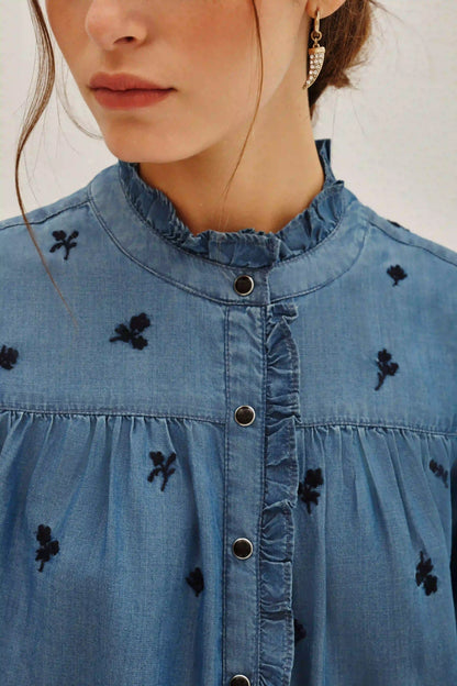 Women's straight-cut long-sleeved round neck ruffled Tencel denim shirt（buy 2 free shipping)