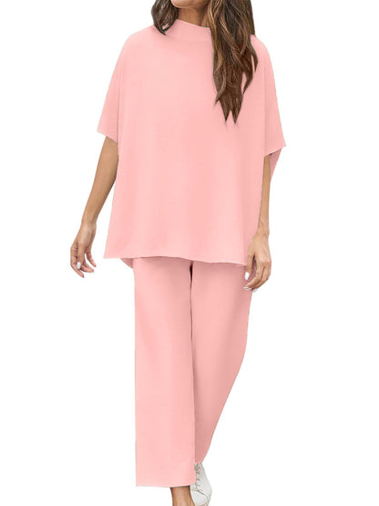 Women's 2 Piece Outfits 3/4 Batwing Sleeve Pullover Top Wide Leg Pants Lounge Set