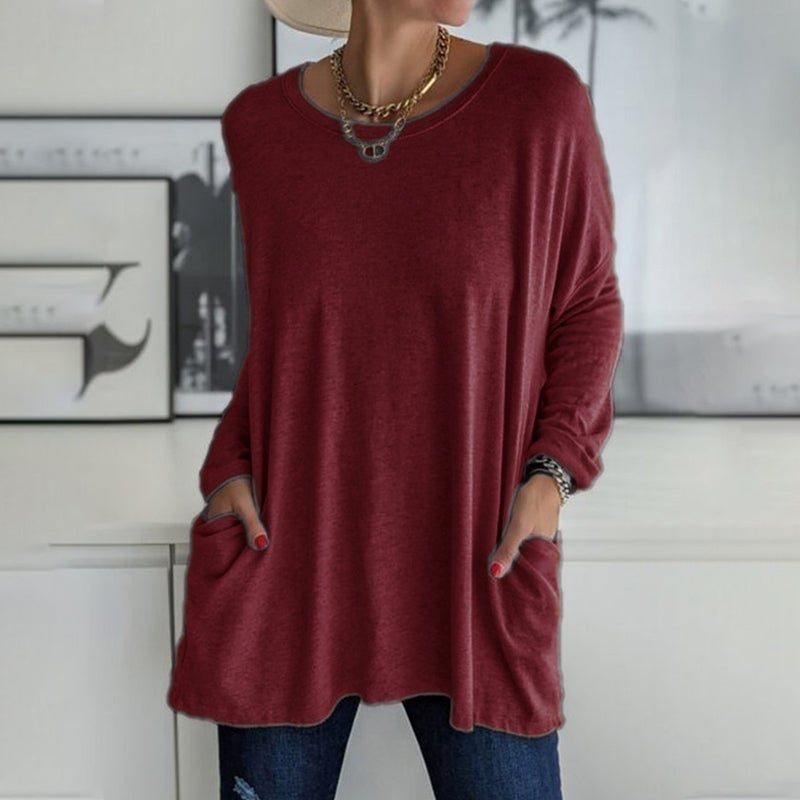 HOT SALE-Round Neck Long Sleeve Loose Pocket Solid T-Shirt