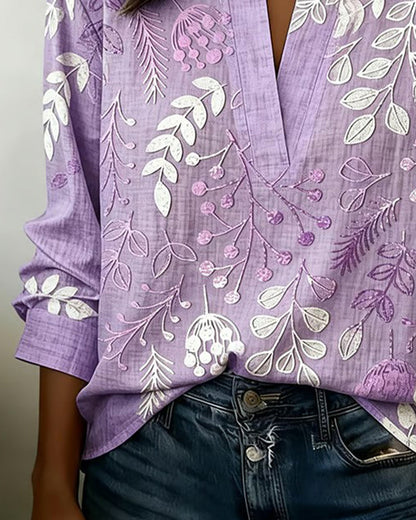 Vintage Botanical Leaf Print Notch Collar Long Sleeve Blouse