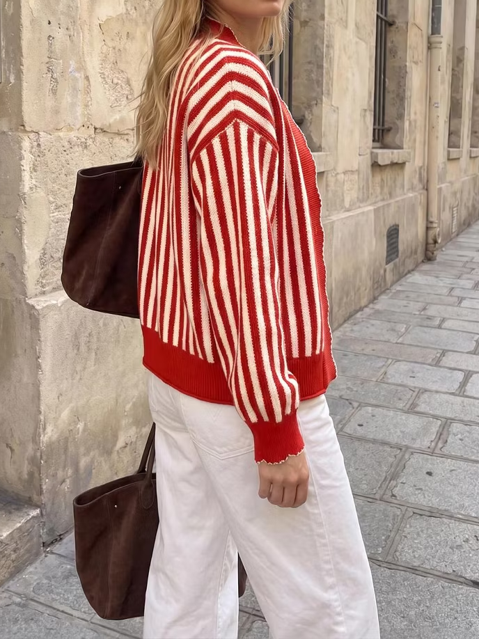 Women Striped Scalloped Trim Open Front Knit Cardigan