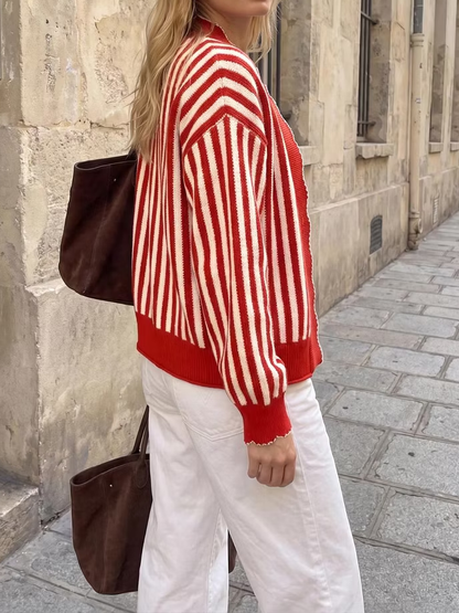 Women Striped Scalloped Trim Open Front Knit Cardigan