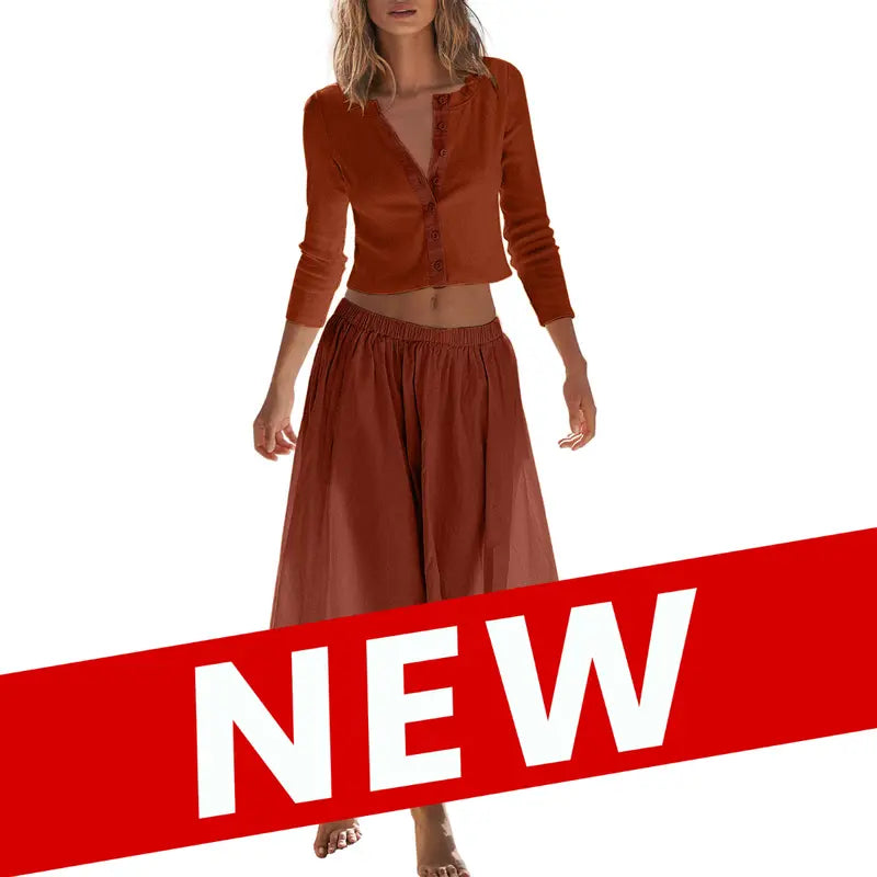 2 Piece Ribbed Cardigan & Wide Leg Skirt Set