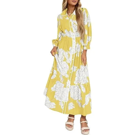 Women’s Maxi Shirt Dress Casual Floral Collared 3/4 Long Sleeve Drawstring Waist Fall Button Down Dresses