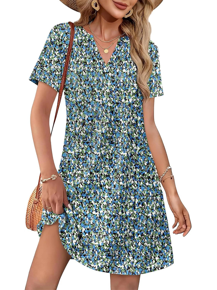 HOT SALE Women's Casual Printed V Neck Short Sleeve Pocket Midi Dress