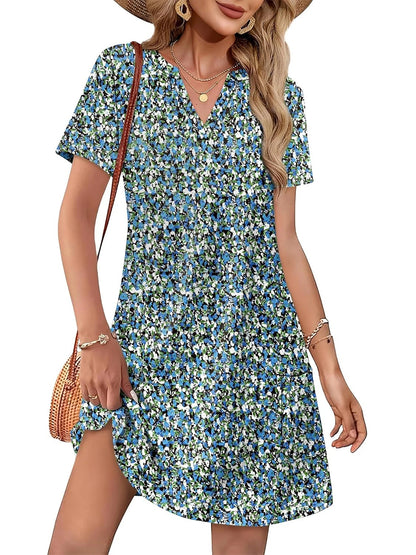 HOT SALE Women's Casual Printed V Neck Short Sleeve Pocket Midi Dress