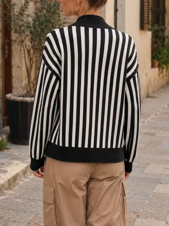 Women Striped Scalloped Trim Open Front Knit Cardigan