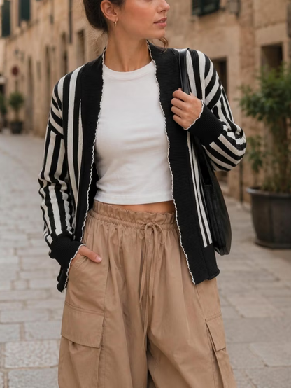 Women Striped Scalloped Trim Open Front Knit Cardigan